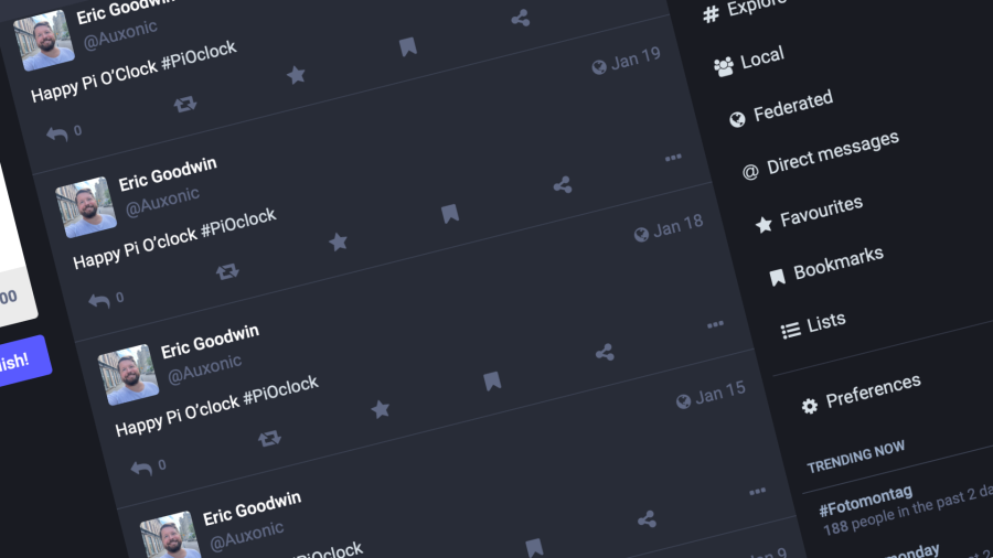 screen capture from dark mode Mastodon showing a search for #PiOclock and a bunch of my posts